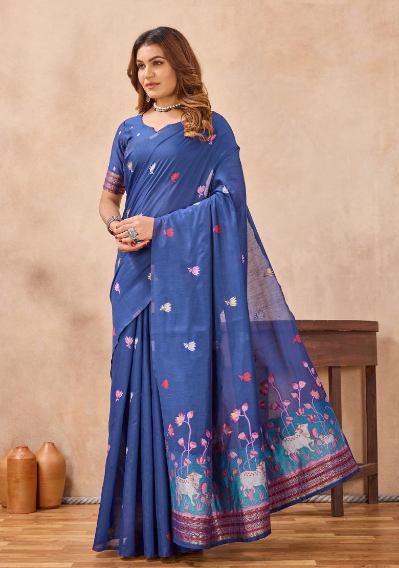 Blue Printed Pashmina Saree Set - Indya