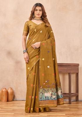 Mustard Printed Pashmina Saree Set