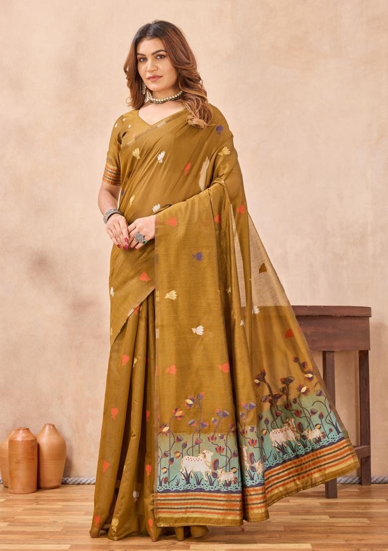 Mustard Printed Pashmina Saree Set - Indya