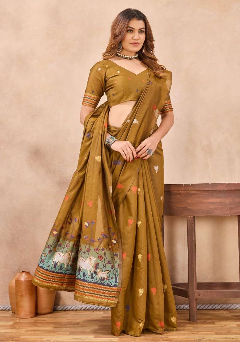 Mustard Printed Pashmina Saree Set for Diwali and Festive Wear - Indya