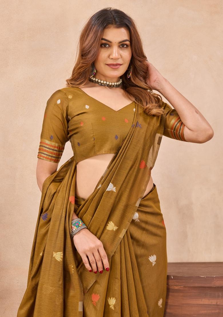 Mustard Printed Pashmina Saree Set - Indya