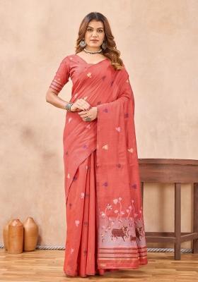 Peach Printed Pashmina Saree Set