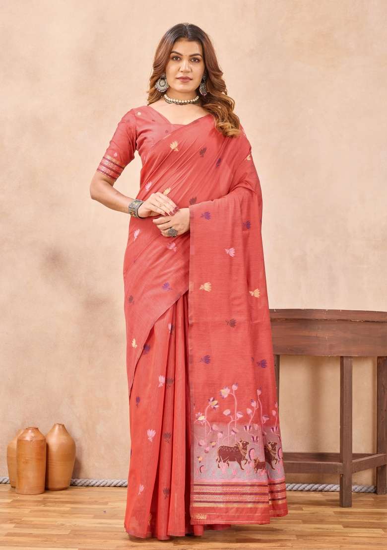 Peach Printed Pashmina Saree Set for Diwali and Festive Wear - Indya