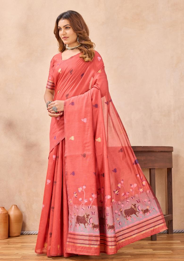 Peach Printed Pashmina Saree Set - Indya