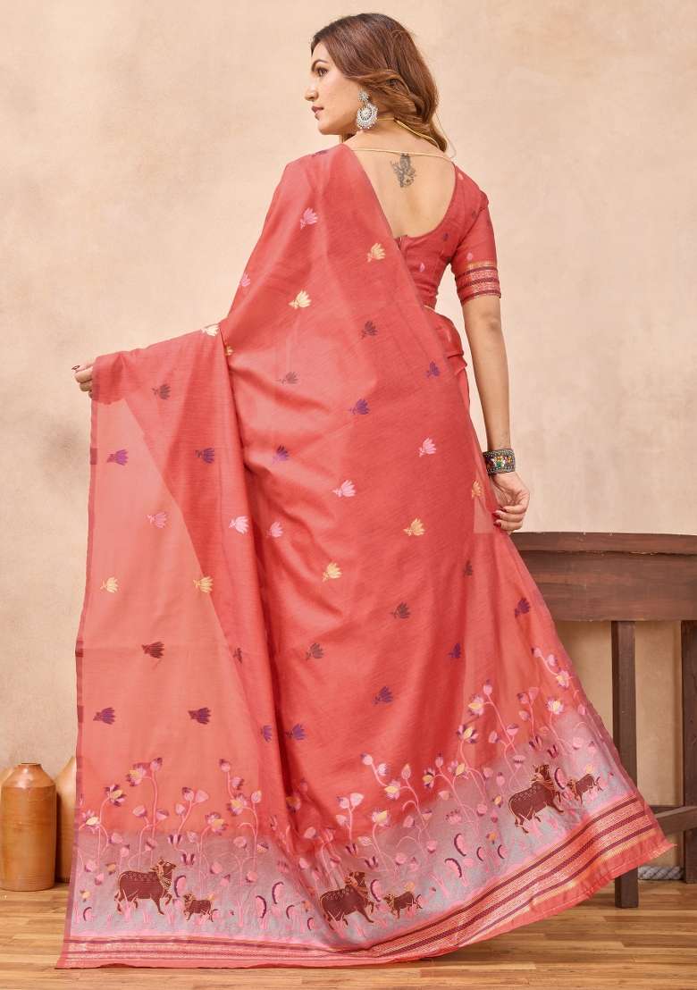 Peach Printed Pashmina Saree Set for Diwali and Festive Wear - Indya