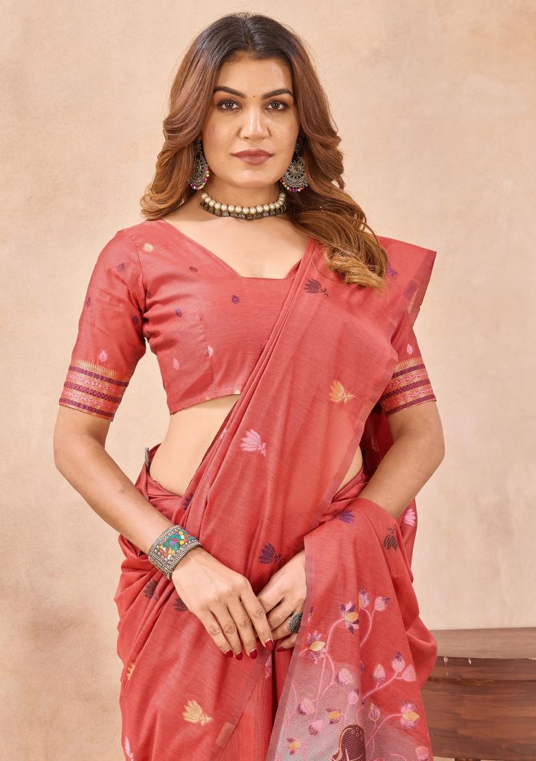 Peach Printed Pashmina Saree Set - Indya