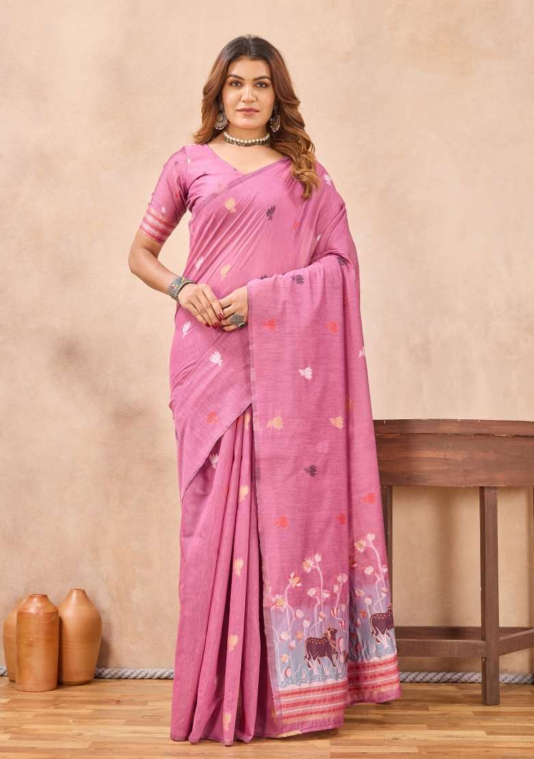 Pink Pashmina Saree Set with Printed for Diwali | Wedding & Festive Wear - Indya