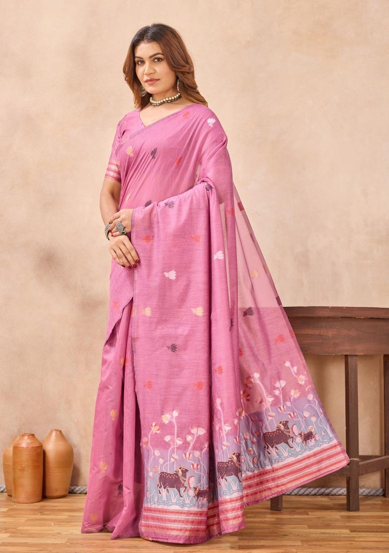 Pink Printed Pashmina Saree Set - Indya