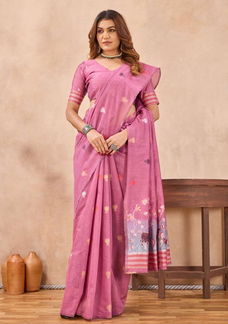 Pink Pashmina Saree Set with Printed for Diwali | Wedding & Festive Wear - Indya