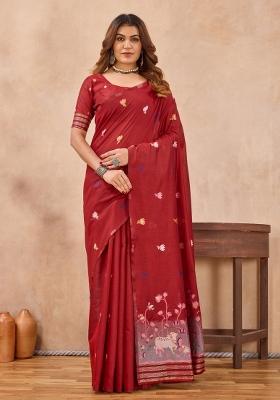 Red Printed Pashmina Saree Set