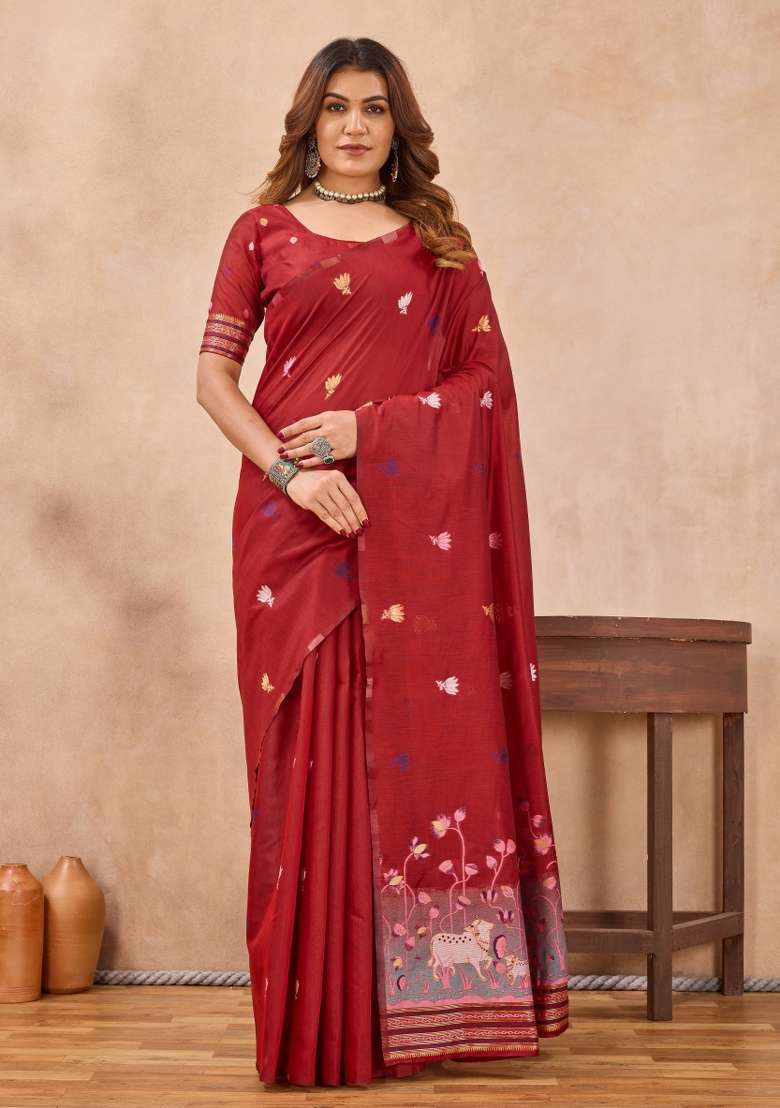 Red Printed Pashmina Saree Set for Diwali and Festive Wear - Indya