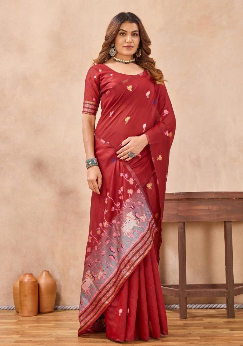 Red Printed Pashmina Saree Set - Indya