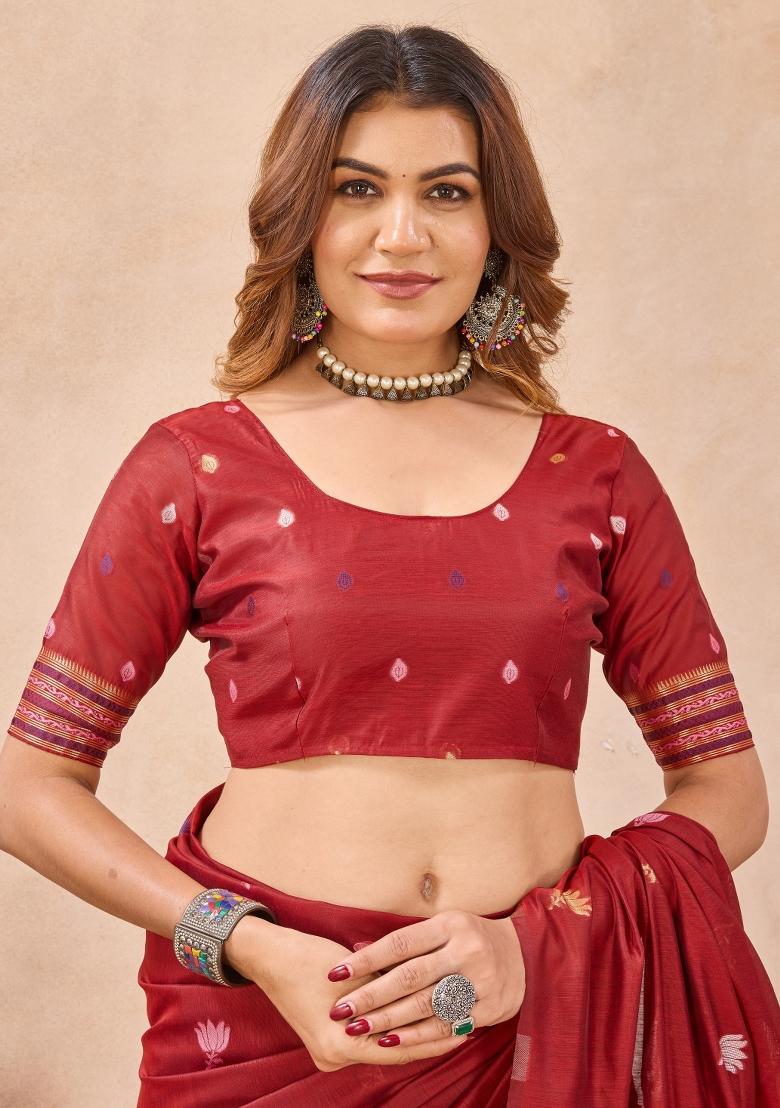 Red Printed Pashmina Saree Set - Indya