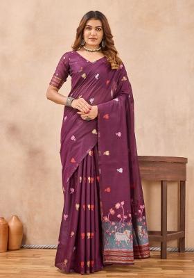 Wine Printed Pashmina Saree Set