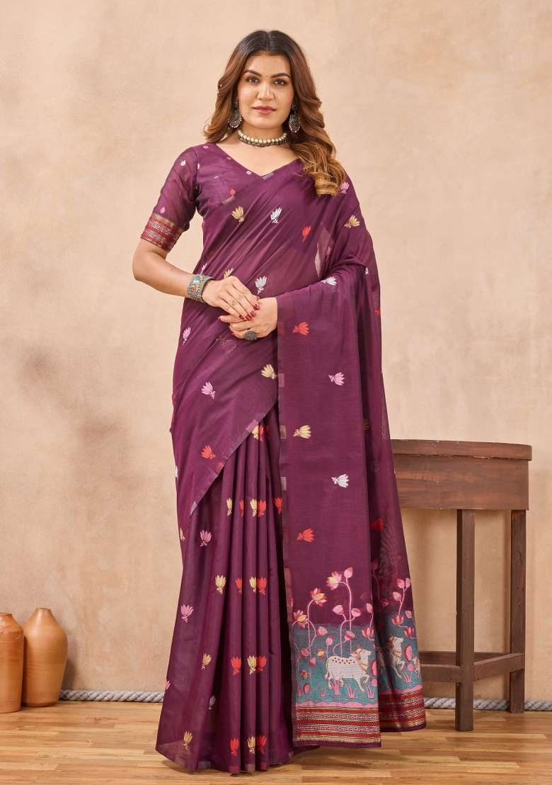 Wine Printed Pashmina Saree Set for Diwali and Festive Wear - Indya