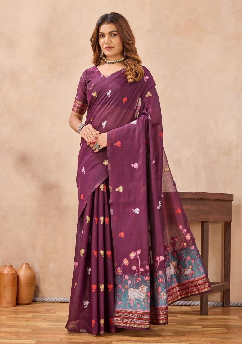 Wine Printed Pashmina Saree Set - Indya