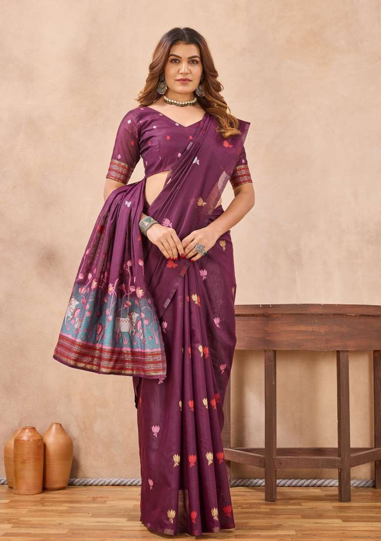 Wine Printed Pashmina Saree Set for Diwali and Festive Wear - Indya