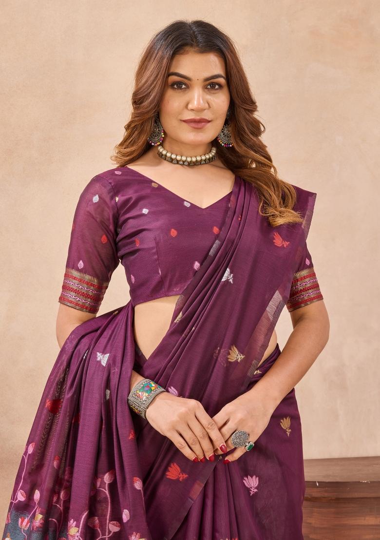 Wine Printed Pashmina Saree Set - Indya