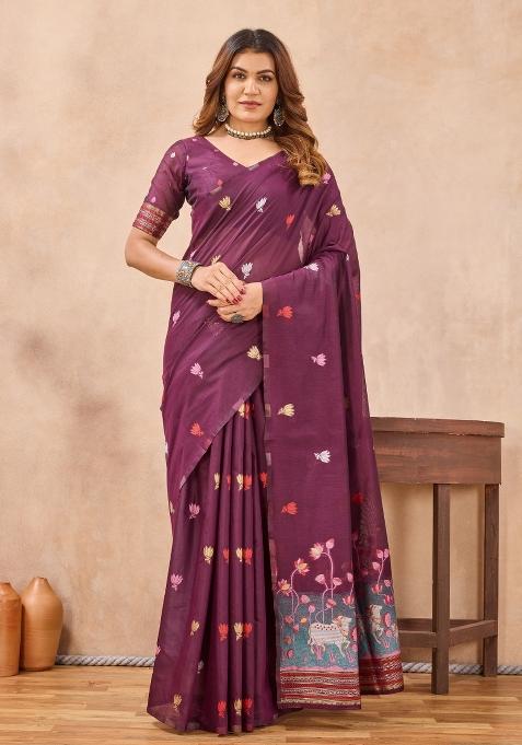 Wine Printed Pashmina Saree Set