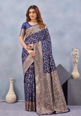 Blue Printed Pashmina Saree Set
