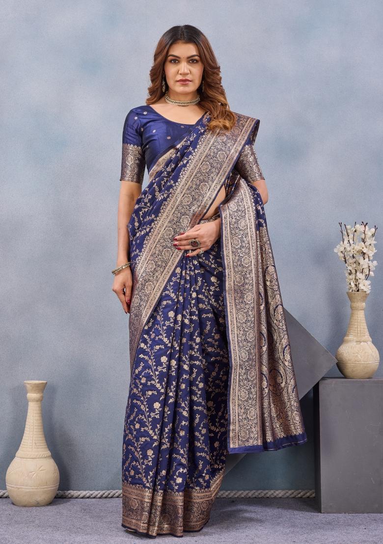Blue Printed Pashmina Saree Set - Indya