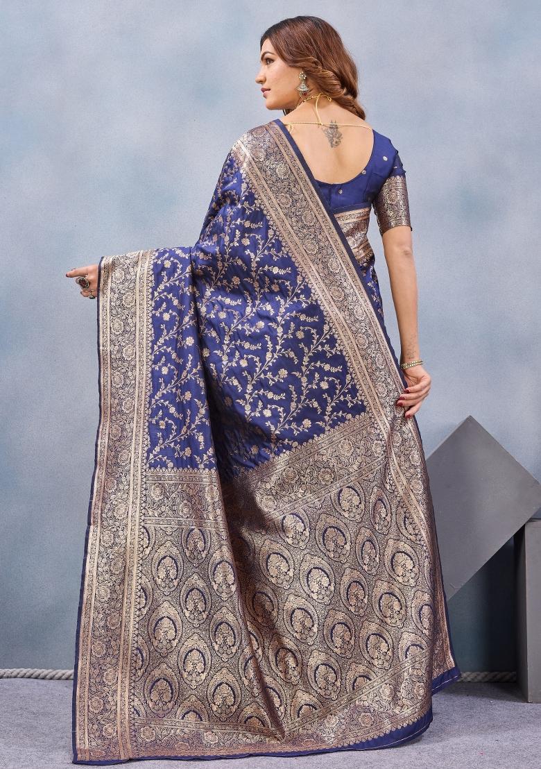 Blue Printed Pashmina Saree Set - Indya