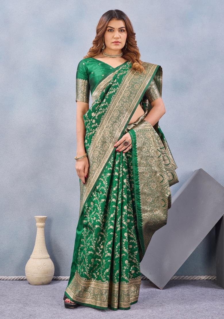 Green Printed Pashmina Saree Set - Indya