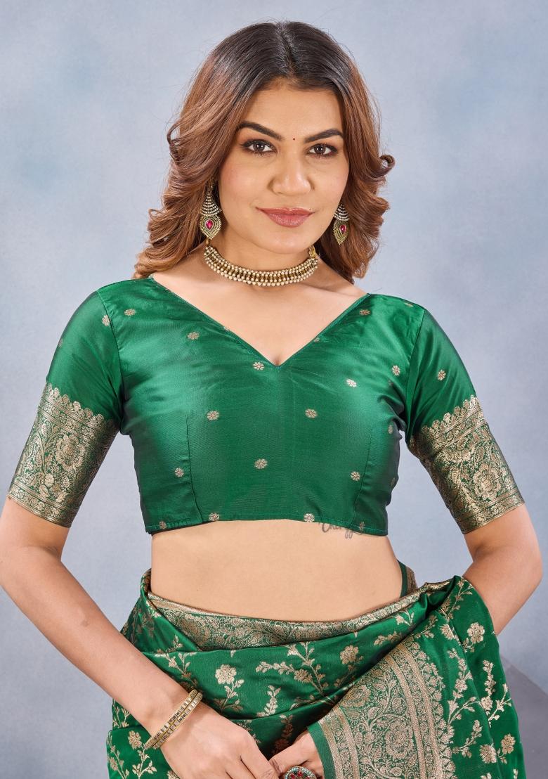 Green Printed Pashmina Saree Set - Indya