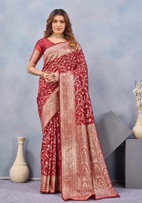 Red Printed Pashmina Saree Set