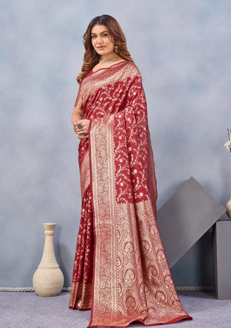 Red Printed Pashmina Saree Set - Indya