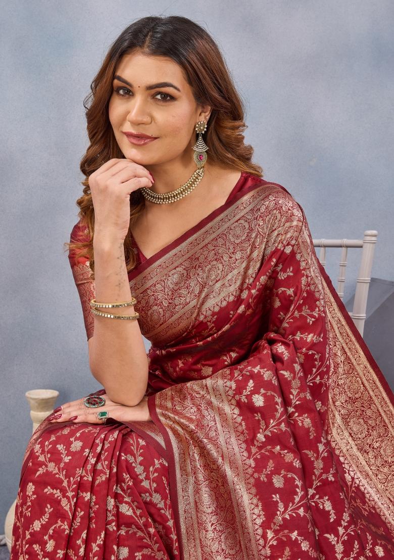 Red Printed Pashmina Saree Set - Indya