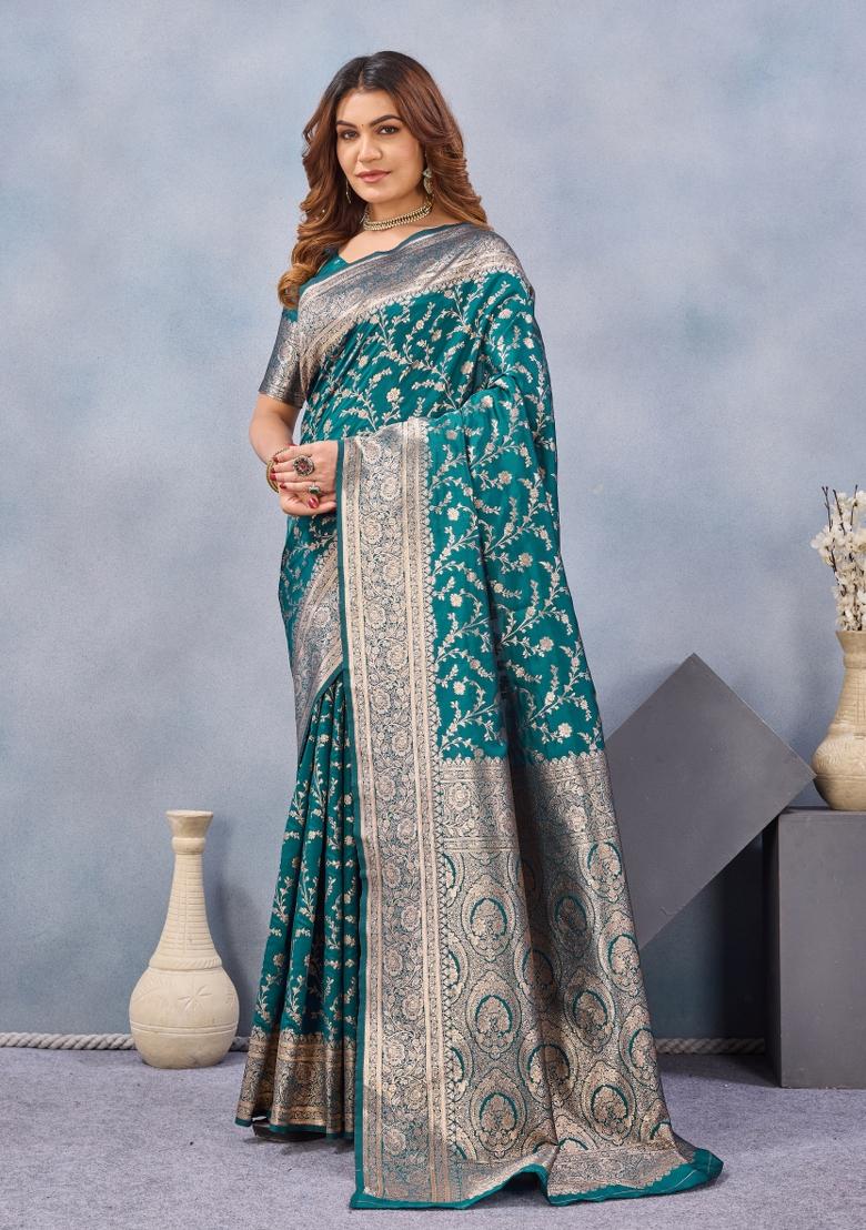 Turquoise Printed Pashmina Saree Set - Indya