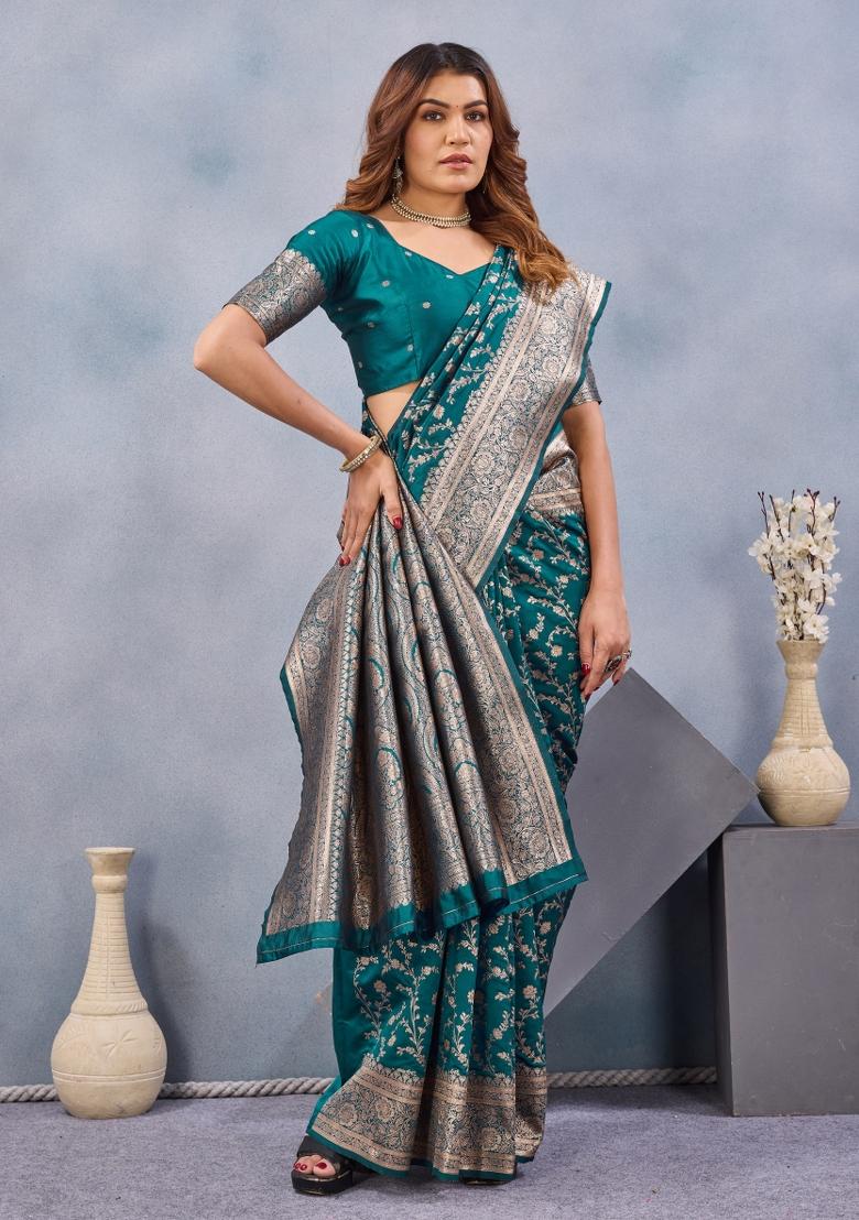 Turquoise Printed Pashmina Saree Set - Indya