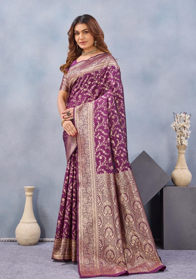 Wine Printed Pashmina Saree Set - Indya
