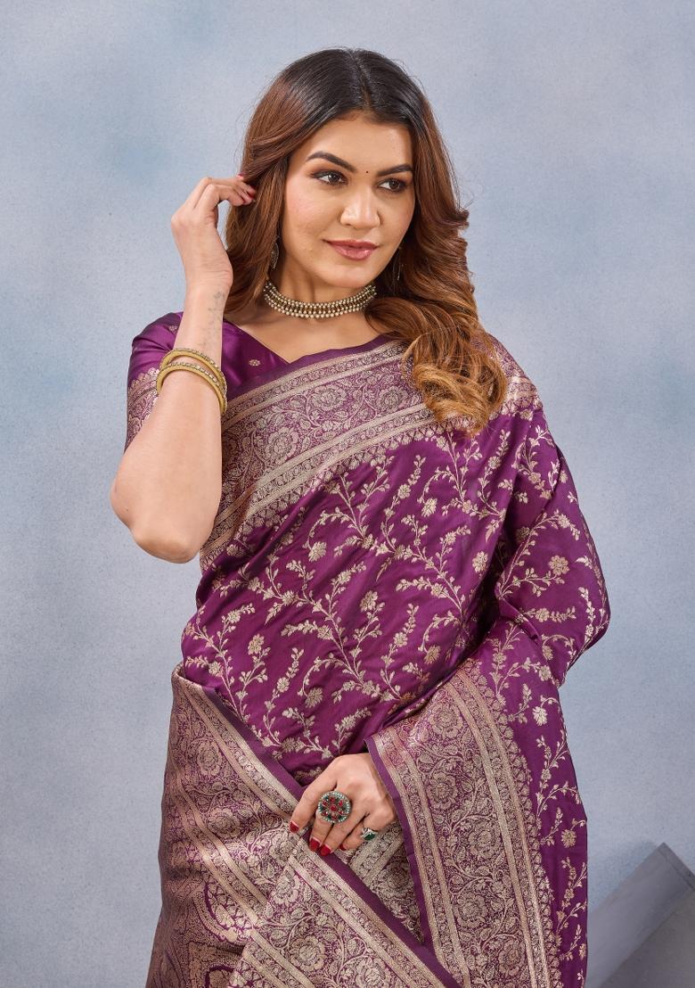 Wine Printed Pashmina Saree Set - Indya