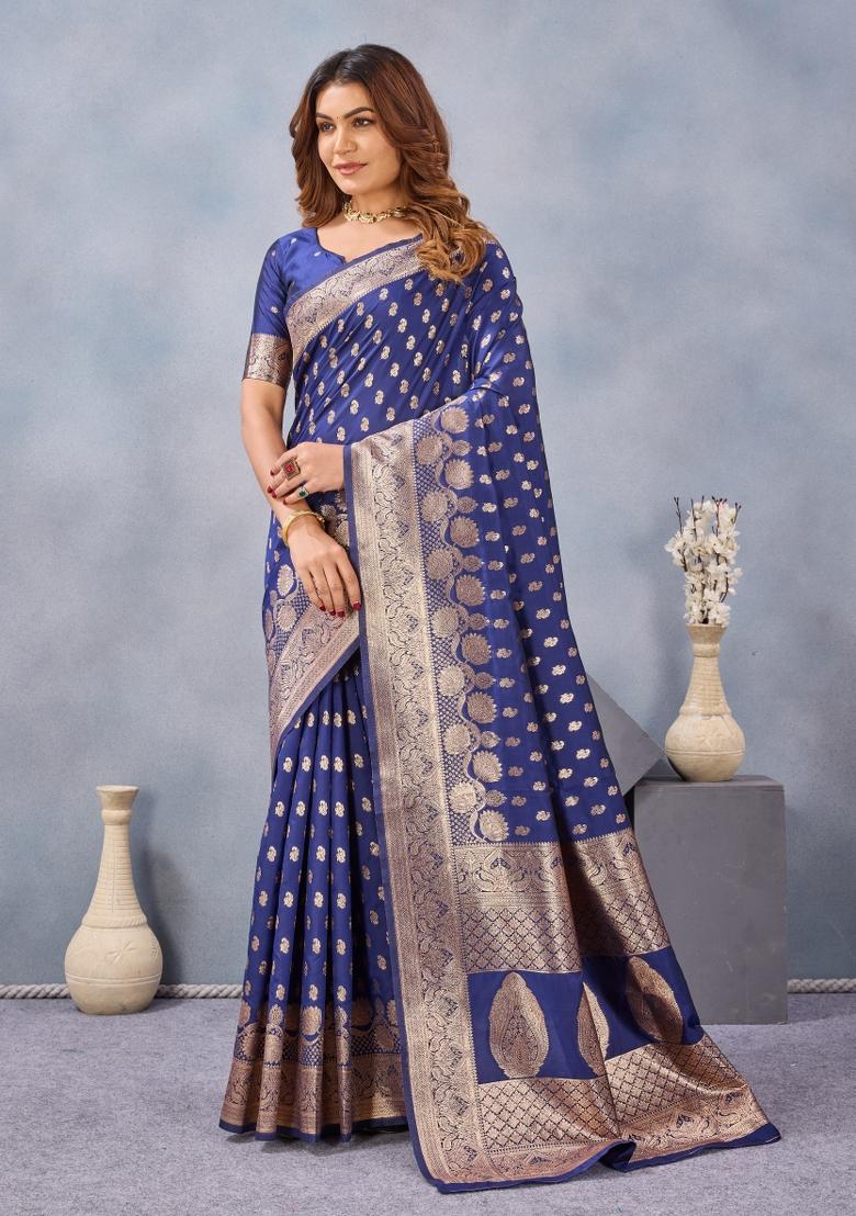 Blue Printed Pashmina Saree Set - Indya