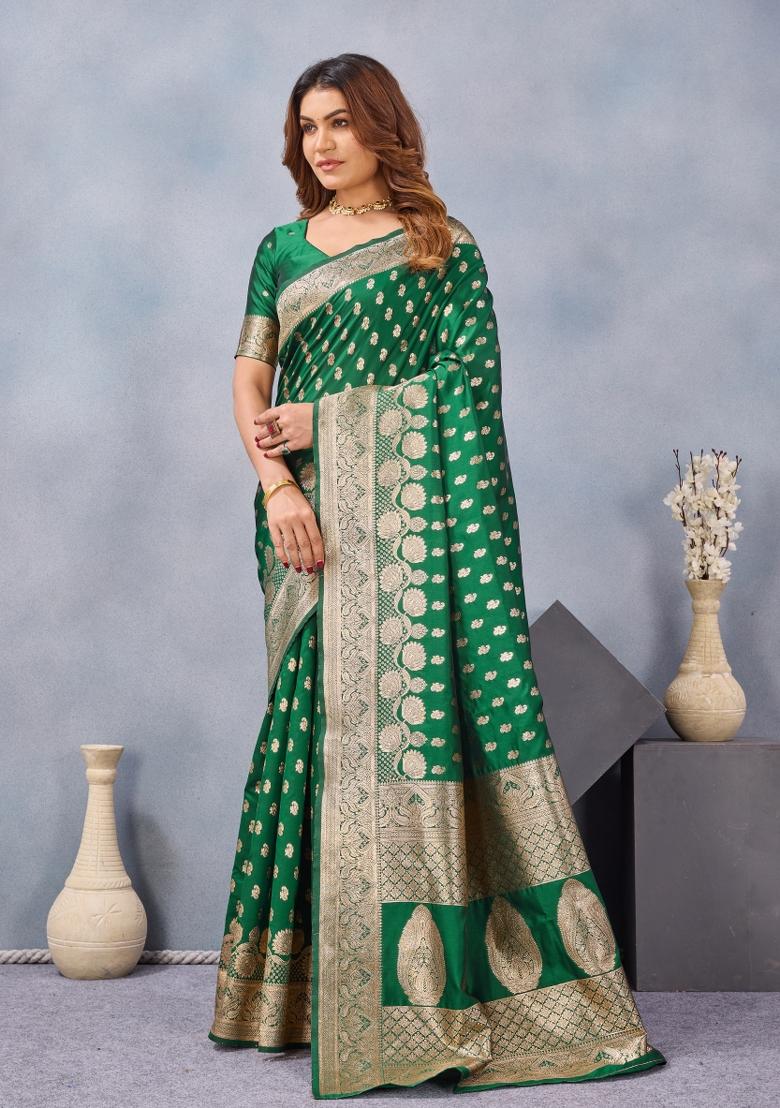 Green Printed Pashmina Saree Set - Indya