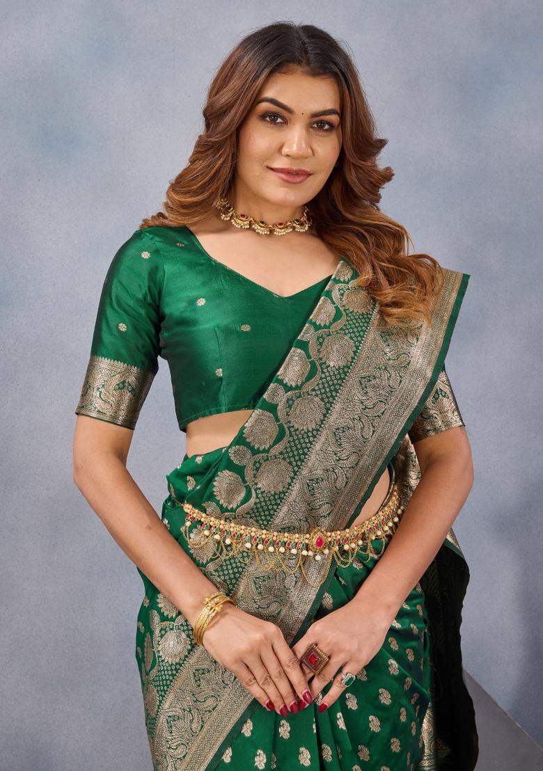 Green Printed Pashmina Saree Set - Indya