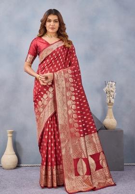 Red Printed Pashmina Saree Set