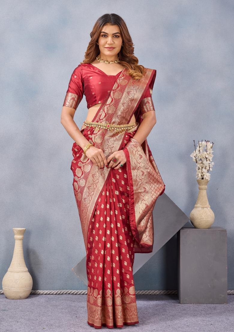Red Printed Pashmina Saree Set - Indya