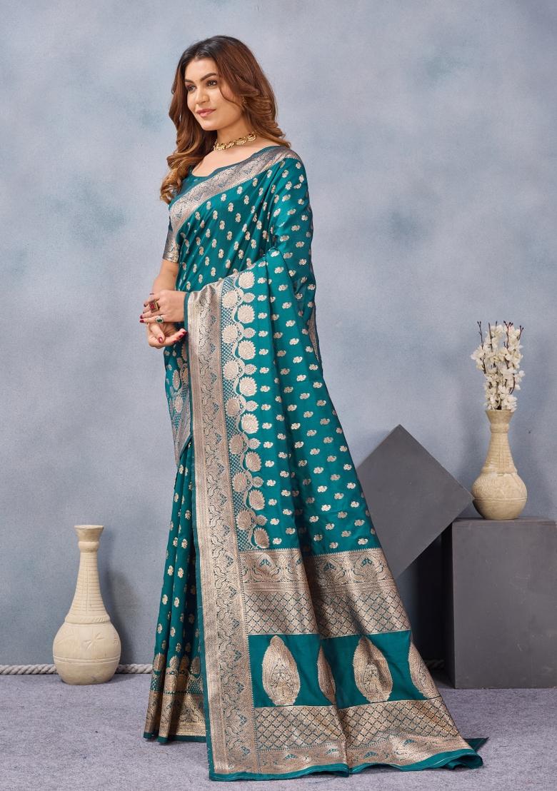 Turquoise Printed Pashmina Saree Set - Indya