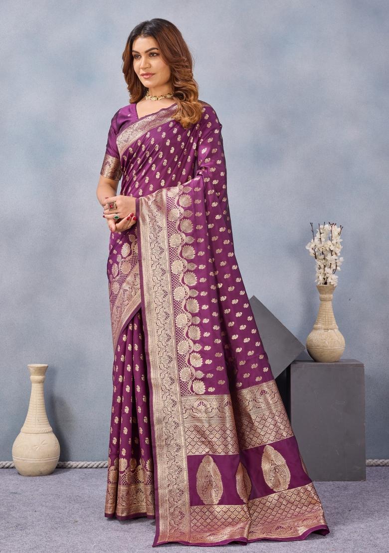 Wine Printed Pashmina Saree Set - Indya