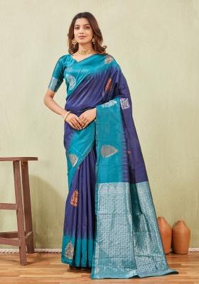 Rama Blue Printed Pashmina Saree Set