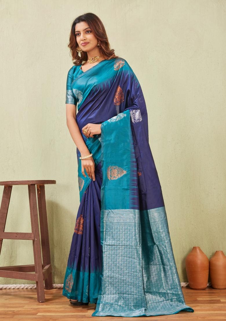 Rama Blue Printed Pashmina Saree Set - Indya