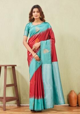 Rama And Red Printed Pashmina Saree Set