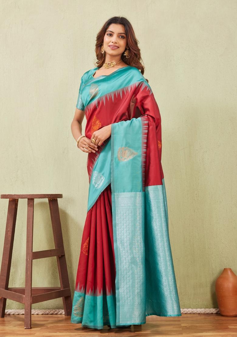 Rama And Red Printed Pashmina Saree Set - Indya