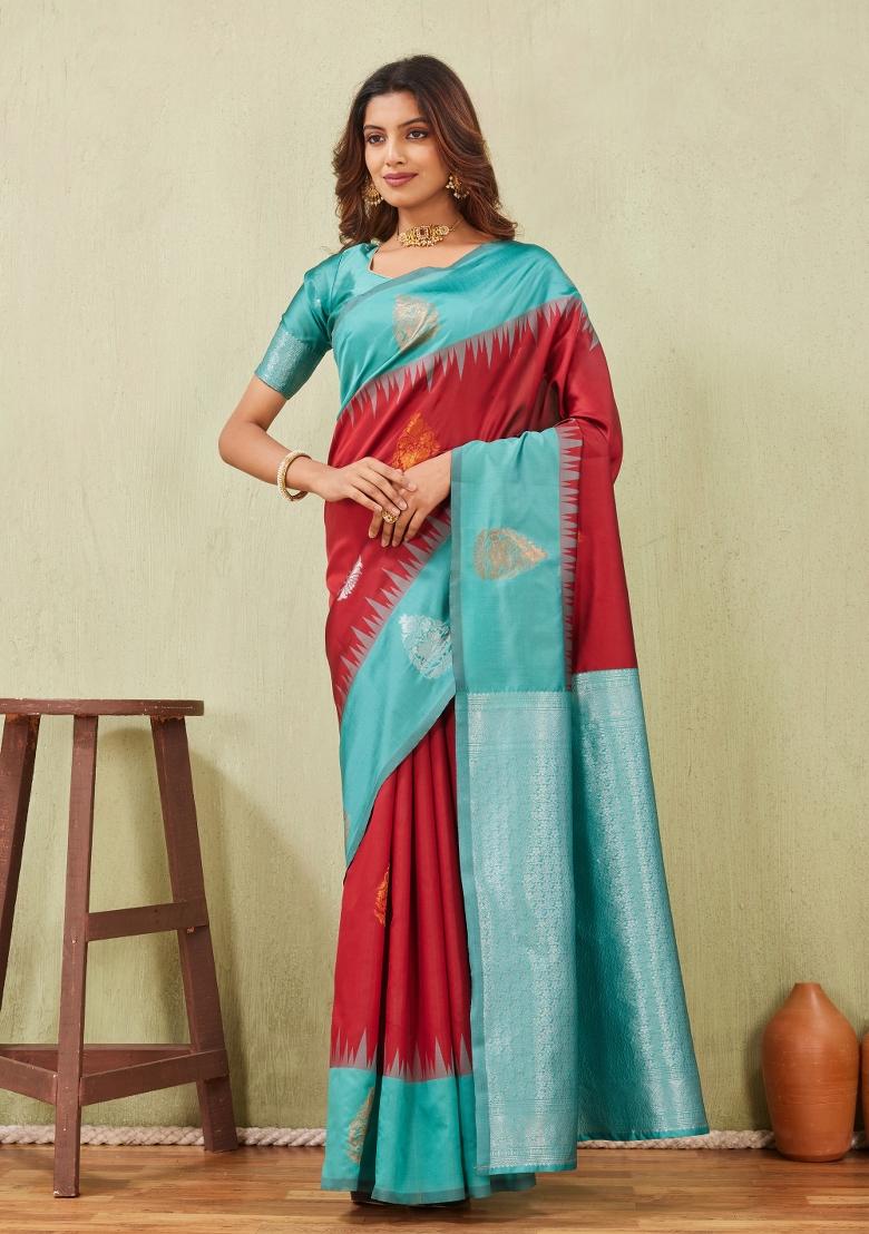Rama And Red Printed Pashmina Saree Set - Indya