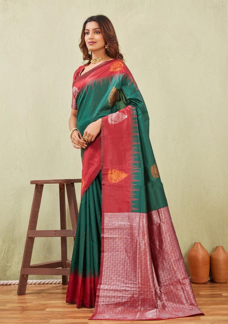 Rama Green Printed Pashmina Saree Set - Indya