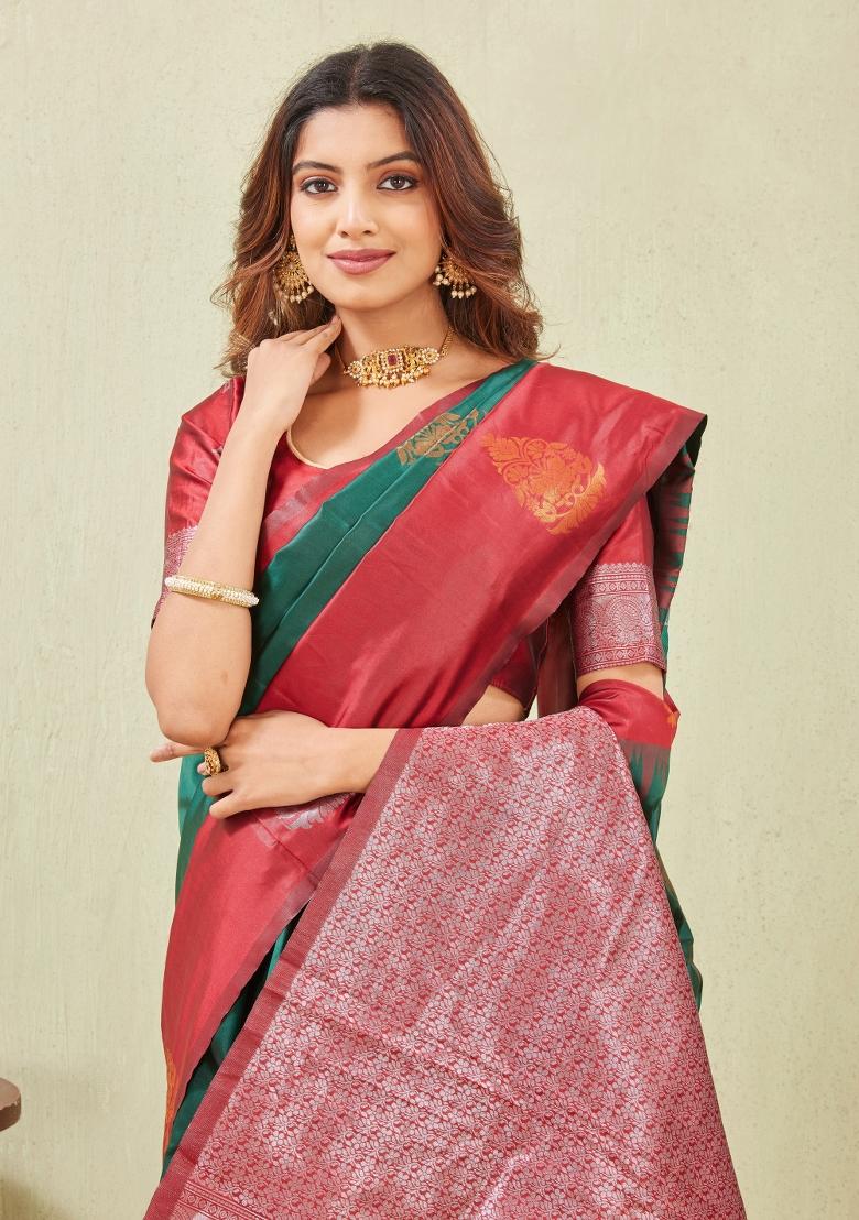Rama Green Printed Pashmina Saree Set - Indya