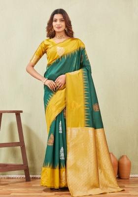 Yellow And Green Printed Pashmina Saree Set